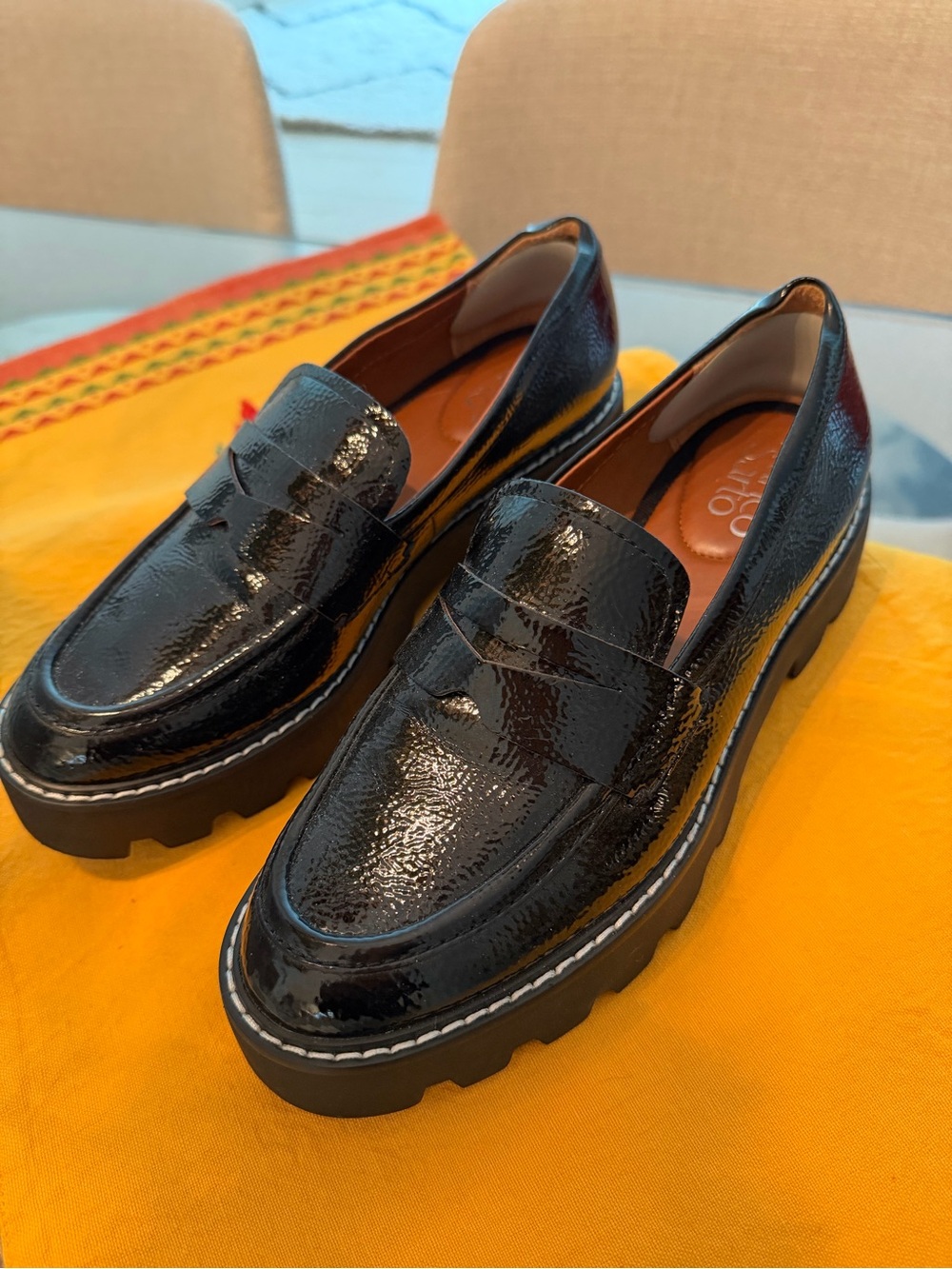 Women Black Patent Leather Lug Sole Penny Loafers